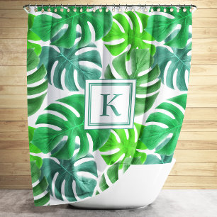 Monstera Deliciosa Plant Leaves Pattern Monogram Shower Curtain
