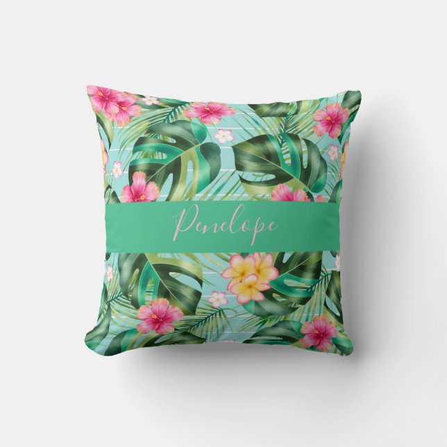 Monstera Fern Leaf Pink Tropical Flower  Monogram  Cushion (Front)