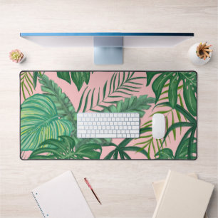 Monstera Ferns Palms Tropical Leafy Pink Desk Mat