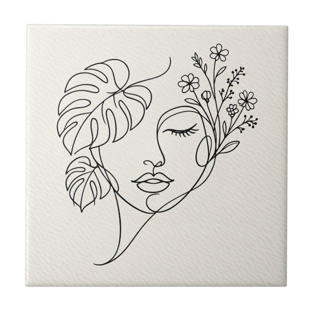 Monstera Floral Face Line Art Ceramic Tile (Front)
