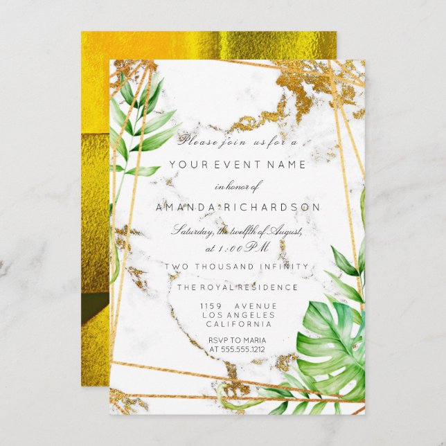 Monstera Gold Frame Greenery Marble Tropical Lux Invitation (Front/Back)