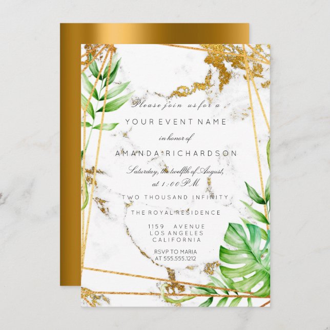Monstera Gold Poligonal Frame Greenery Marble Invitation (Front/Back)