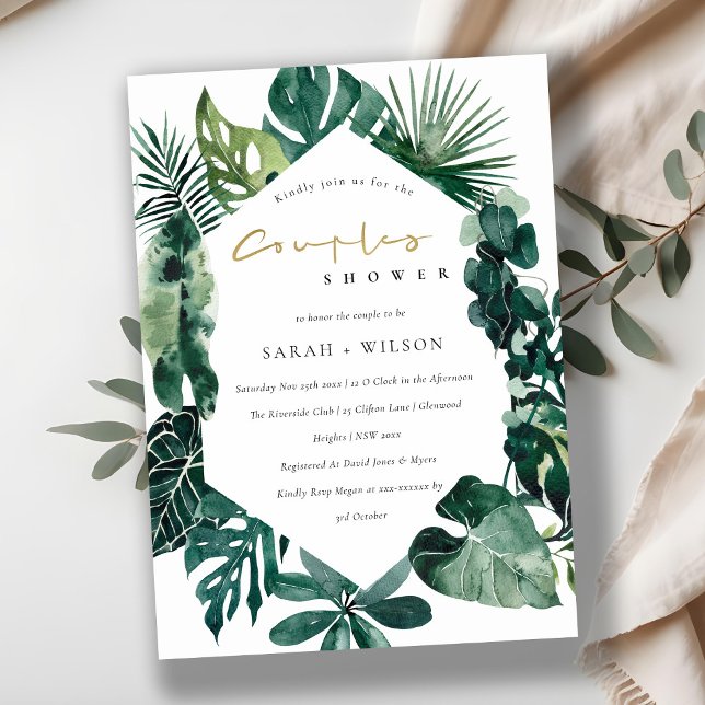 Monstera Green Leafy Hexagonal Couples Shower Card (Creator Uploaded)