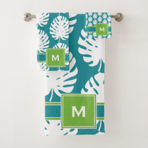 Monstera Leaf Aqua Green Coastal Modern Cottage Ba Bath Towel Set