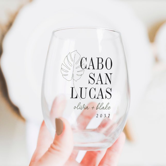 Monstera Leaf Destination Wedding Favour Stemless Wine Glass (Creator Uploaded)