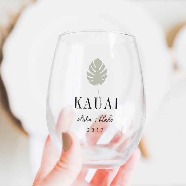 Monstera Leaf Destination Wedding Favour Stemless Wine Glass (Creator Uploaded)