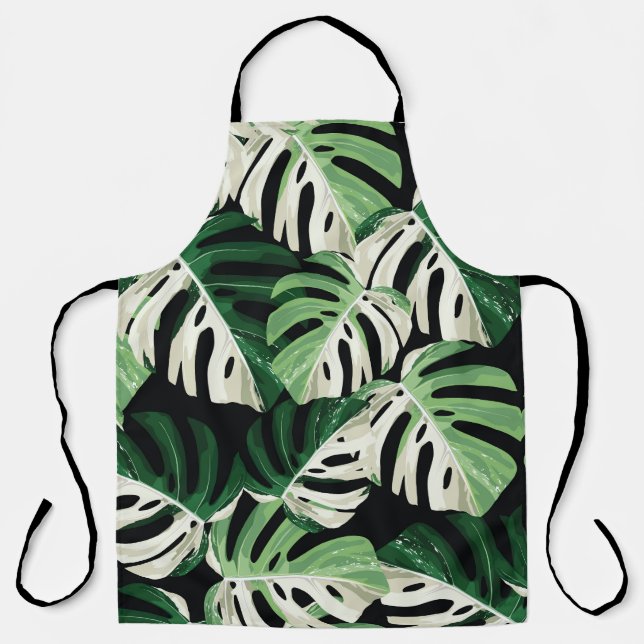 Monstera Leaf Exotic Black Pattern Apron (Front)
