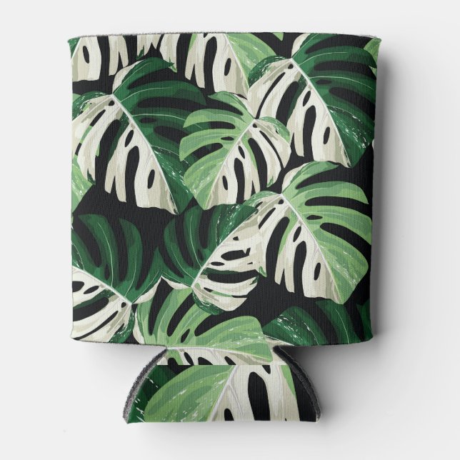 Monstera Leaf Exotic Black Pattern Can Cooler (Front)