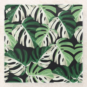Monstera Leaf Exotic Black Pattern Glass Coaster