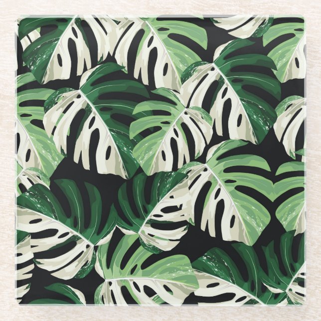 Monstera Leaf Exotic Black Pattern Glass Coaster (Front)