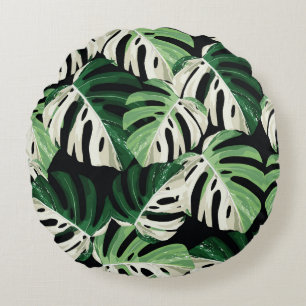 Monstera Leaf Exotic Black Pattern Round Cushion