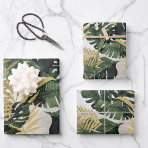 Monstera Leaf & Gold Majesty Palm Leaf Greenery Wrapping Paper Sheet
