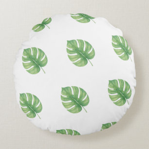Monstera Leaf Green Design. Round Cushion