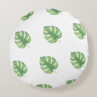 Monstera Leaf Green Design. Round Cushion