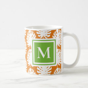 Monstera Leaf Green Orange White Monogram Coastal Coffee Mug