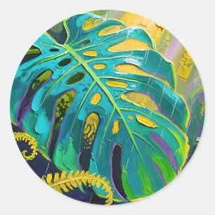Monstera Leaf Jungle Rain Classic Round Sticker