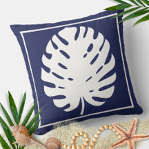 Monstera Leaf Navy Blue and White Coastal Modern