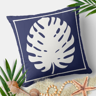 Monstera Leaf Navy Blue and White Coastal Modern Cushion