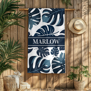 Monstera Leaf Navy & White Tropical Beach Towel