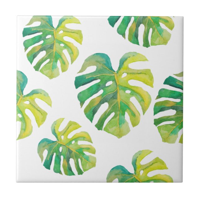 Monstera Leaf Pattern Tropical Green Summer Ceramic Tile (Front)