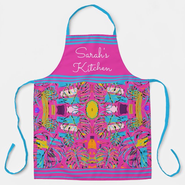 Monstera Leaf Pink Pop Art All-Over Print Apron (Front)