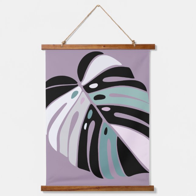 Monstera Leaf - Purple Green Black White Hanging Tapestry (Front)