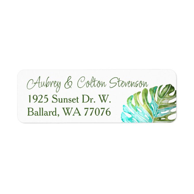 Monstera Leaf Return Address Labels, Green Blue Label (Front)