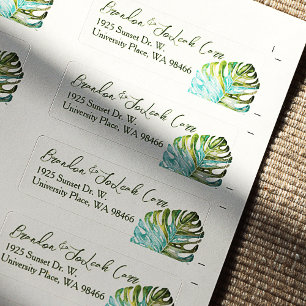 Monstera Leaf Return Address Labels, Green Blue Label