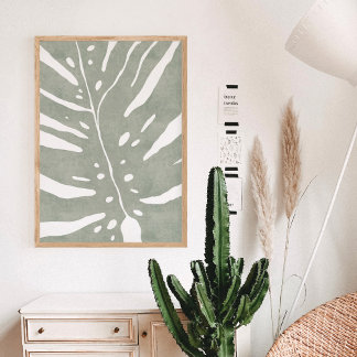 Monstera leaf, sage green plant poster