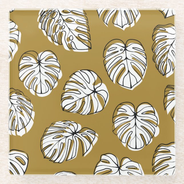 Monstera Leaf, Textile Seamless Pattern. Glass Coaster (Front)