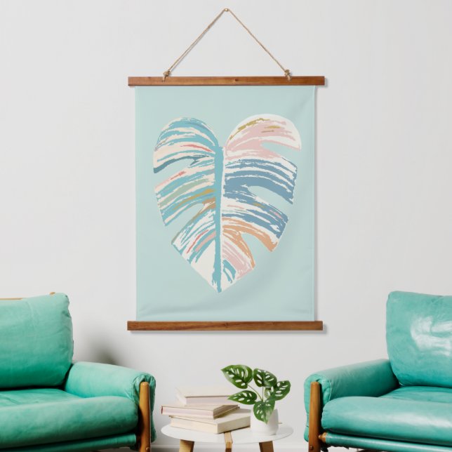 Monstera Leaf - Turquoise, Green, Coral, Mustard Hanging Tapestry (Living Room)