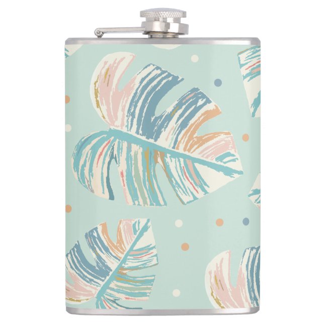 Monstera Leaf - Turquoise, Green, Coral, Mustard Hip Flask (Front)