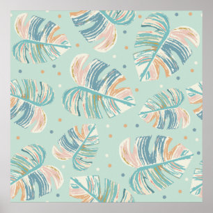 Monstera Leaf - Turquoise, Green, Coral, Mustard Poster