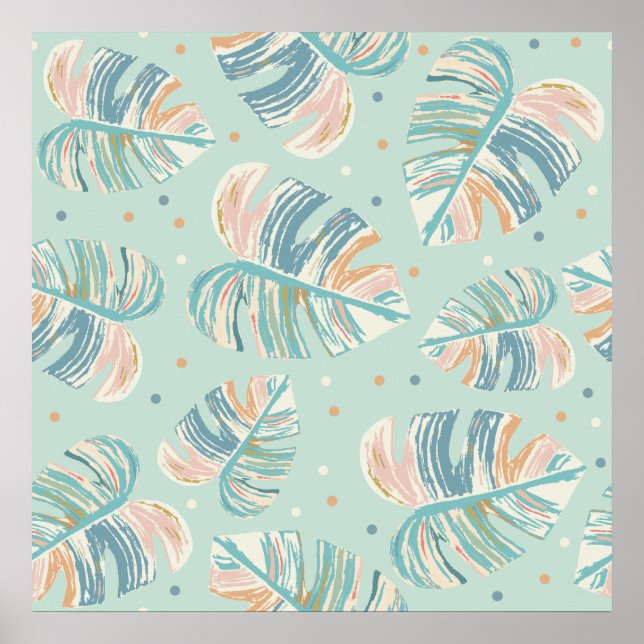 Monstera Leaf - Turquoise, Green, Coral, Mustard Poster (Front)