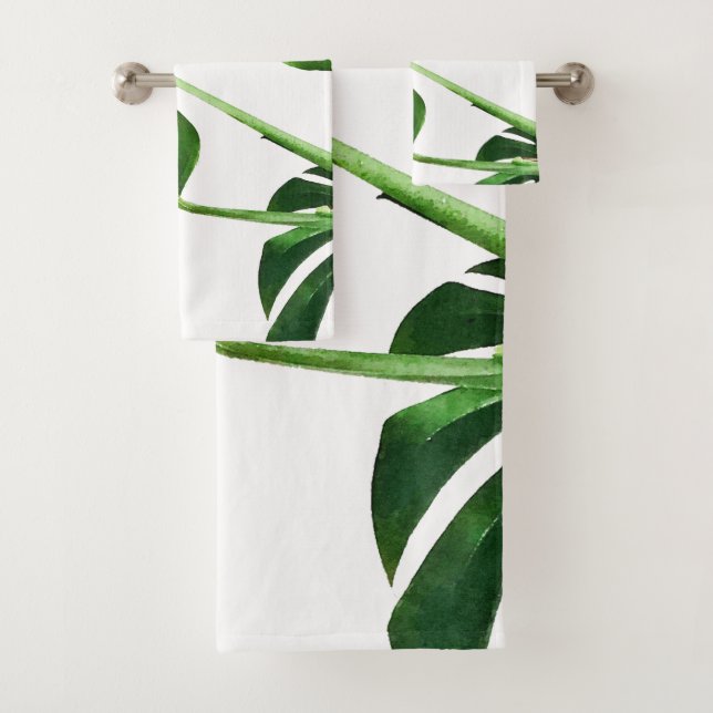 Monstera leaf watercolor painting #5 bath towel set (Insitu)