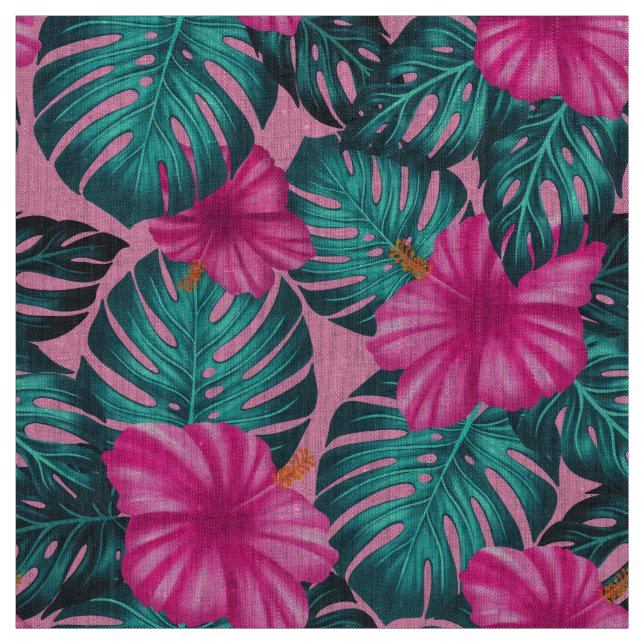 Monstera leaves and Hibiscus Teal and Pink on Pink Fabric (Swatch)