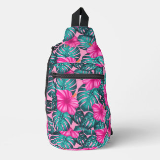 Monstera leaves and Hibiscus Teal and Pink on Pink Sling Bag