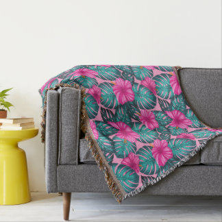 Monstera leaves and Hibiscus Teal and Pink on Pink Throw Blanket