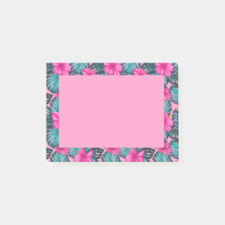Monstera Leaves and Hibiscus, Teal and Pink Post-it Notes