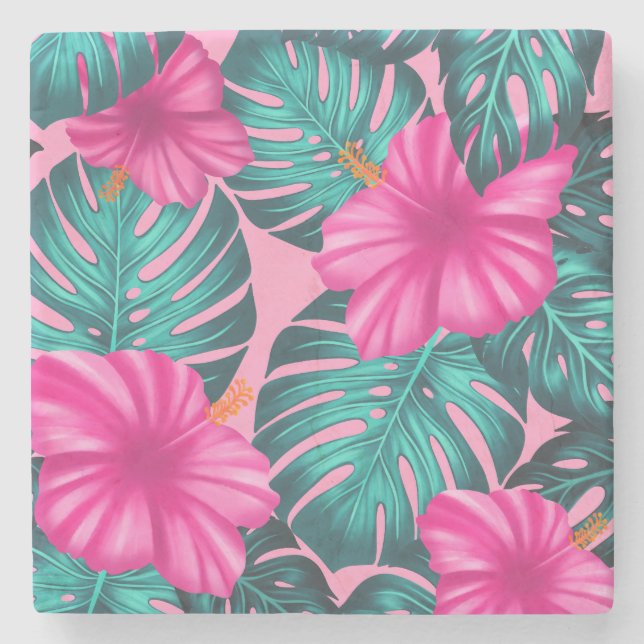 Monstera Leaves and Hibiscus, Teal and Pink Stone Coaster (Front)