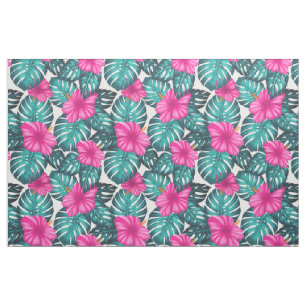 Monstera Leaves and Hibiscus, Teal Pink on White Fabric