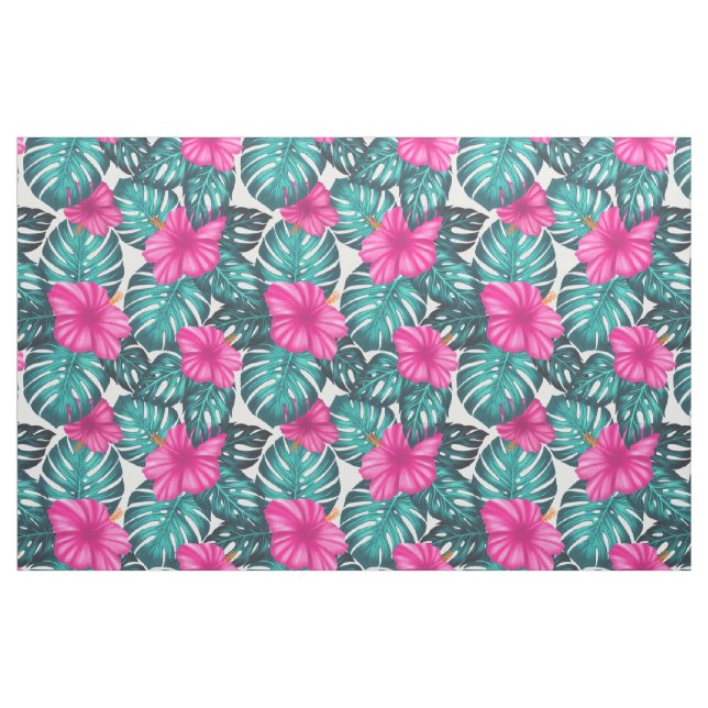 Monstera Leaves and Hibiscus, Teal Pink on White Fabric (Fat Quarter)