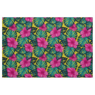 Monstera Leaves and Hibiscus, Teal Pink on Yellow Fabric