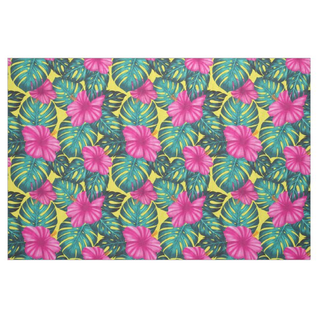 Monstera Leaves and Hibiscus, Teal Pink on Yellow Fabric (Fat Quarter)