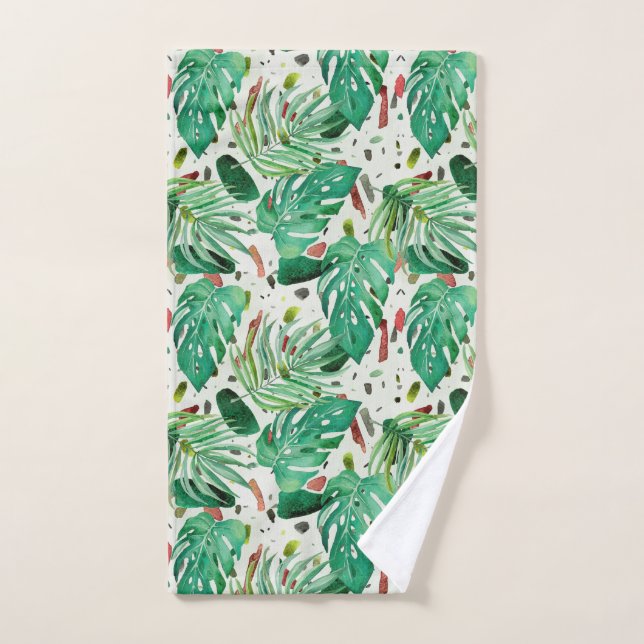 Monstera leaves and palm leaves on terazzo backgro hand towel (Hand Towel)