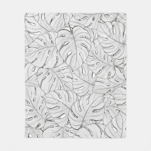 Monstera Leaves Black White Pattern Fleece Blanket