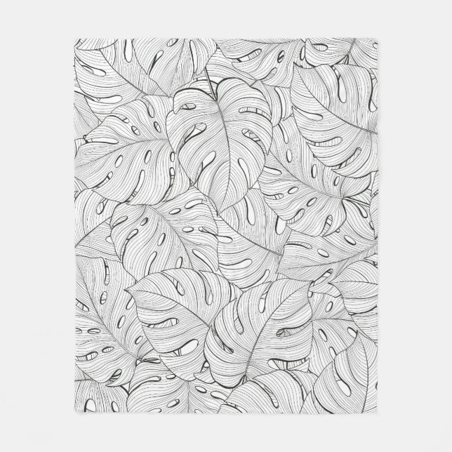 Monstera Leaves Black White Pattern Fleece Blanket (Front)