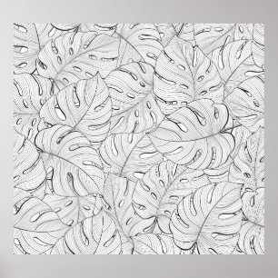 Monstera Leaves Black White Pattern Poster