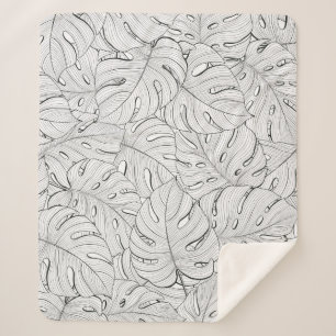 Monstera Leaves Black White Pattern Sherpa Blanket