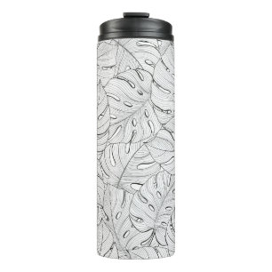 Monstera Leaves Black White Pattern Thermal Tumbler